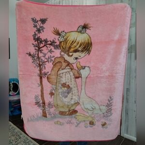 Vintage Precious Moments Pink Girl & Goose Plush Throw Blanket